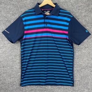 Under Armour Polo Shirt Mens M LOOSE Coldblack Blue Striped Performance Heatgear
